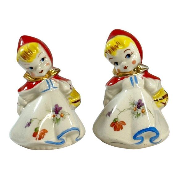 Vintage Ceramic Little Red Riding Hood Salt & Pepper Shaker Set Hull 1950s Boho - Picture 2 of 7